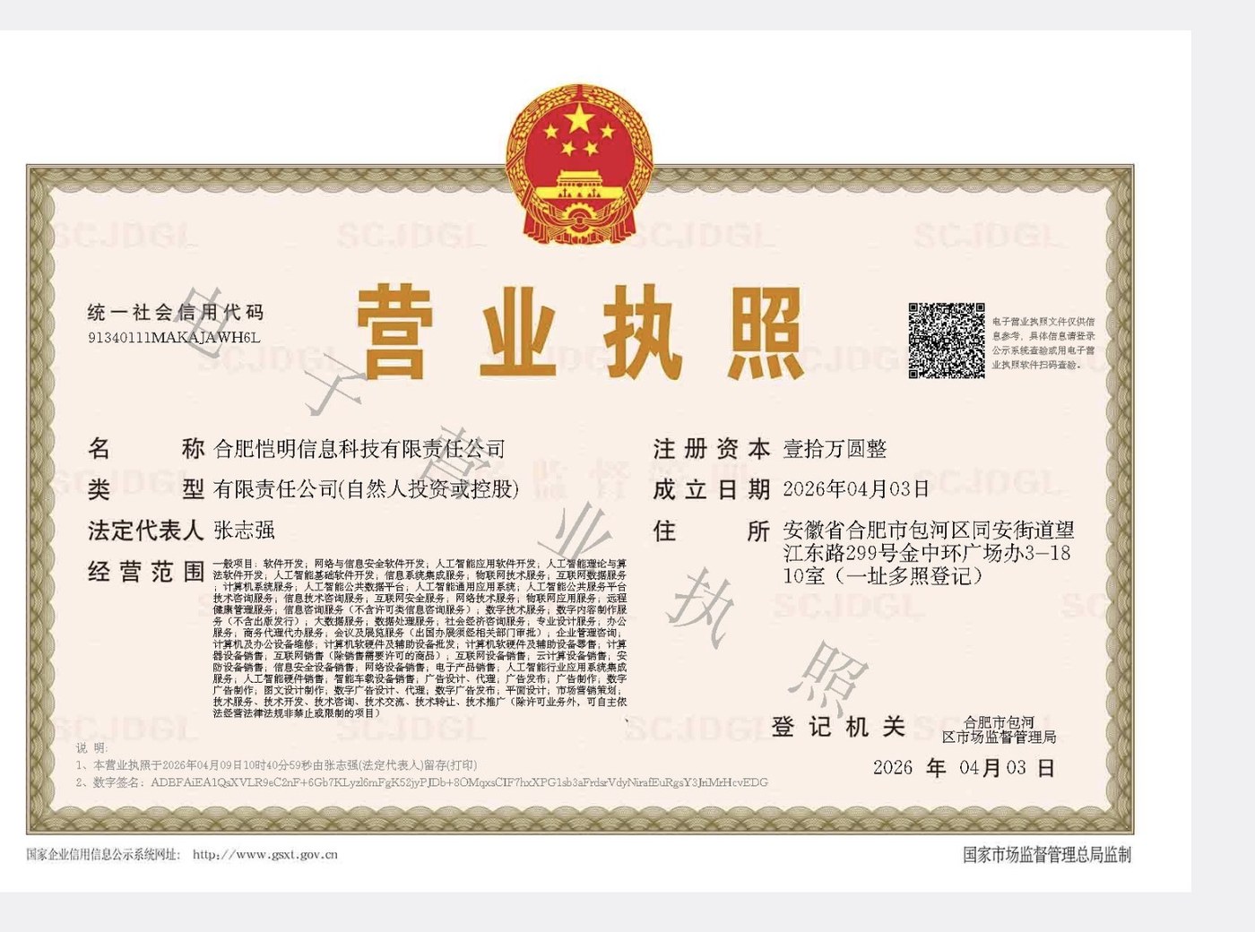 合肥恺明信息科技有限责任公司营业执照