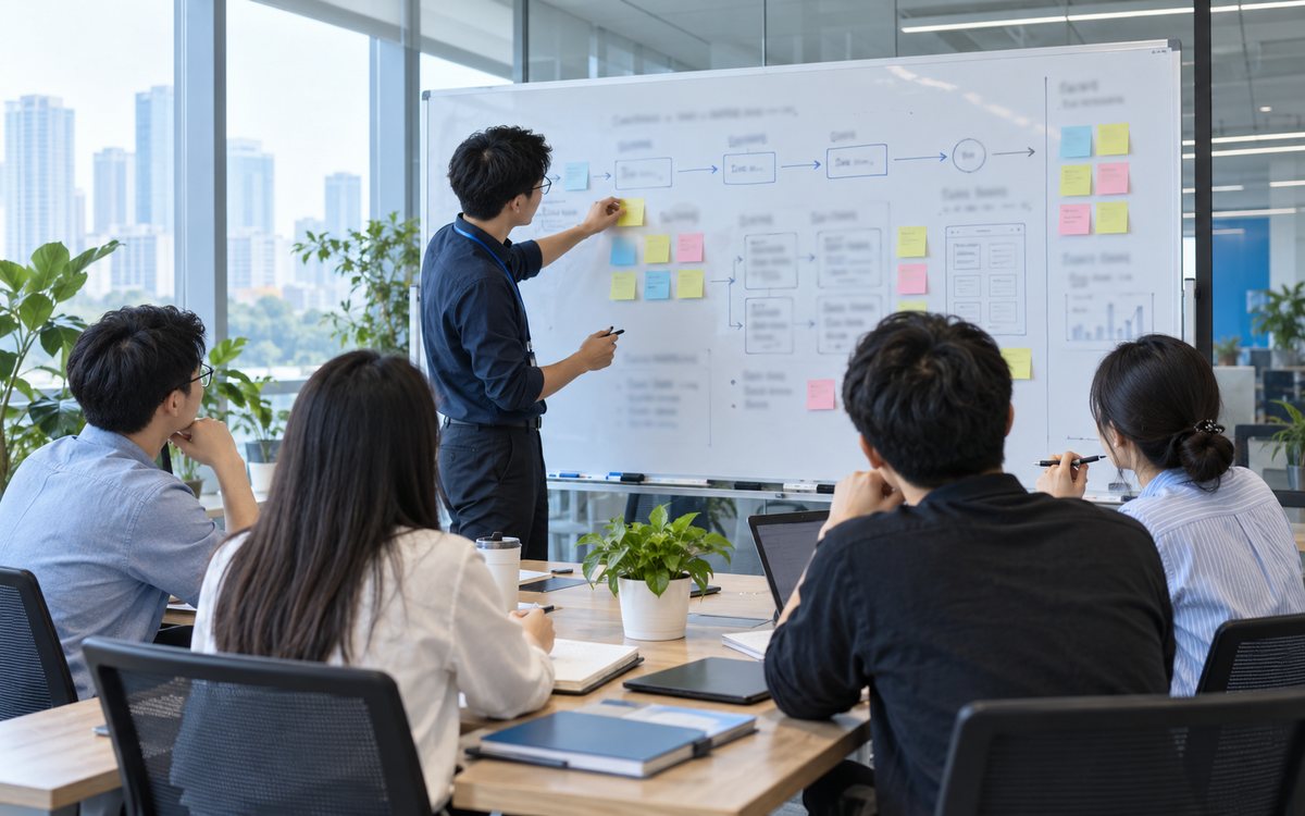 恺明科技团队在白板前梳理定制项目需求